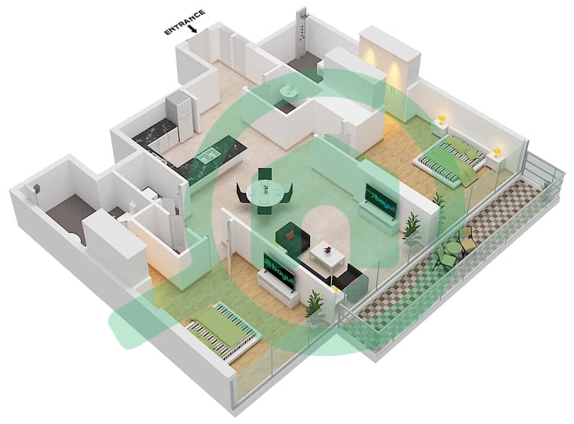1 Residences - 2 Bedroom Apartment Type H-1 Floor plan interactive3D