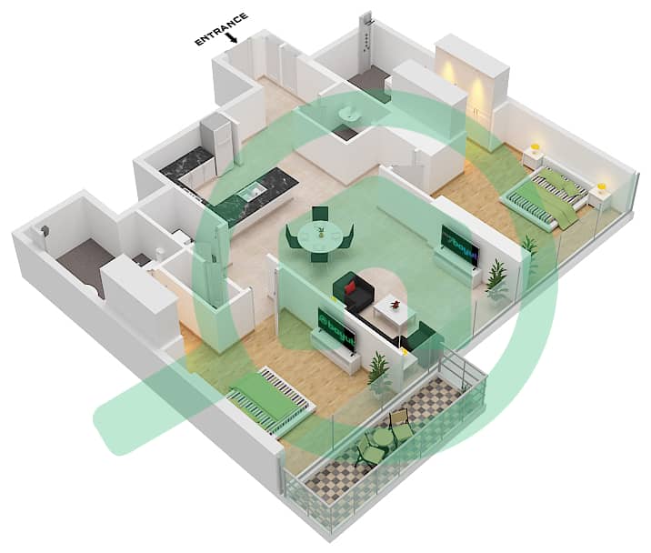 1 Residences - 2 Bedroom Apartment Type H-2 Floor plan interactive3D