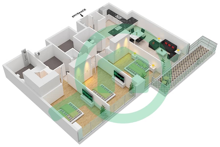 第一公寓 - 3 卧室公寓类型H-2戶型图 interactive3D