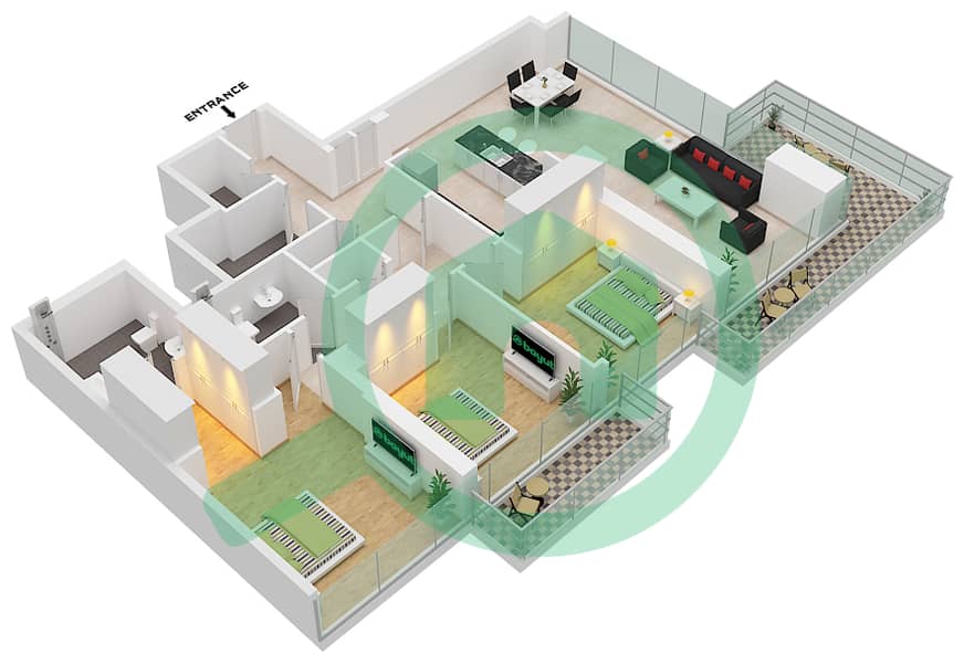 المخططات الطابقية لتصميم النموذج J-1 شقة 3 غرف نوم - 1 ريسيدينسيس interactive3D