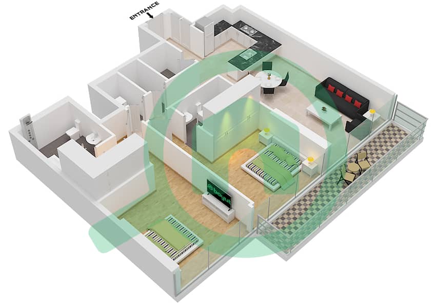 1 Residences - 2 Bedroom Apartment Type J-1 Floor plan interactive3D