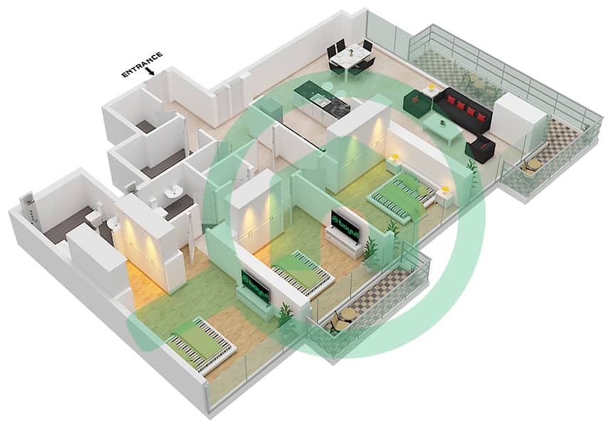 1 Residences - 3 Bedroom Apartment Type J-2 Floor plan interactive3D