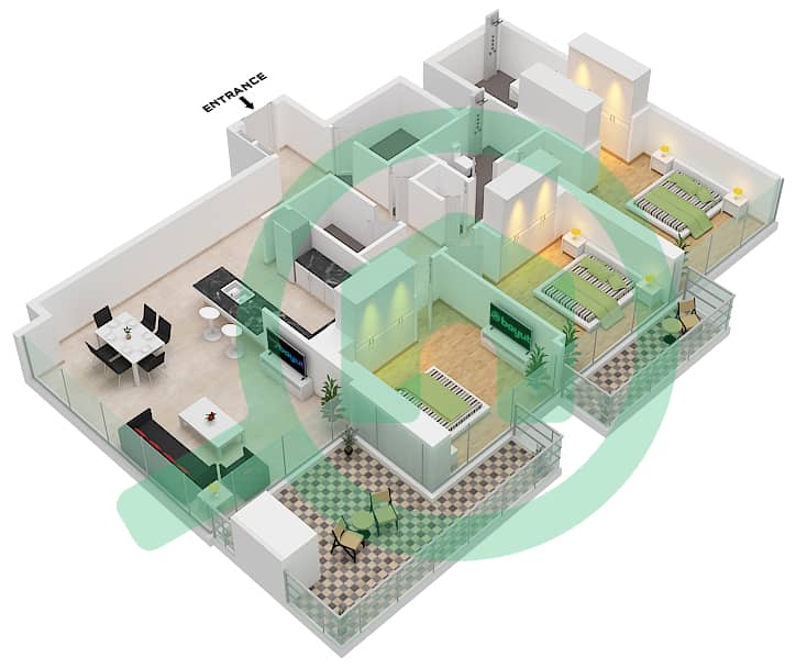 1 Residences - 3 Bedroom Apartment Type K-1 Floor plan interactive3D
