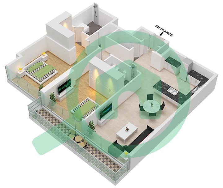 1 Residences - 2 Bedroom Apartment Type K-1 Floor plan interactive3D
