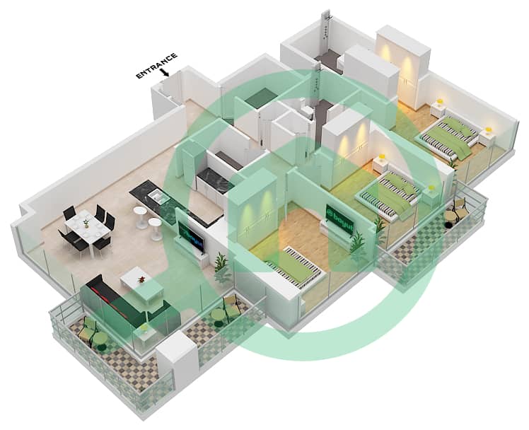 1 Residences - 3 Bedroom Apartment Type K-2 Floor plan interactive3D