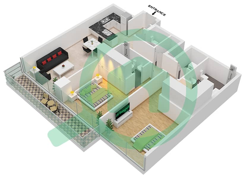 1 Residences - 2 Bedroom Apartment Type L-1 Floor plan interactive3D