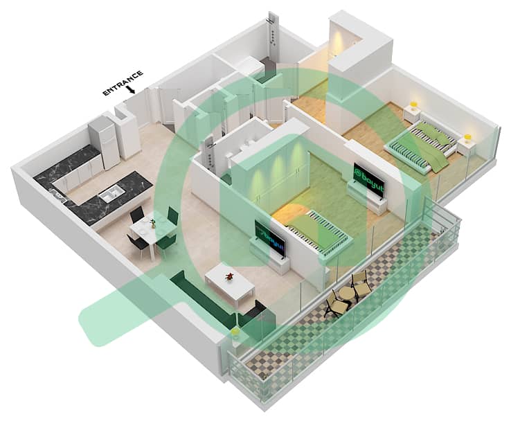 1 Residences - 2 Bedroom Apartment Type M-1 Floor plan interactive3D