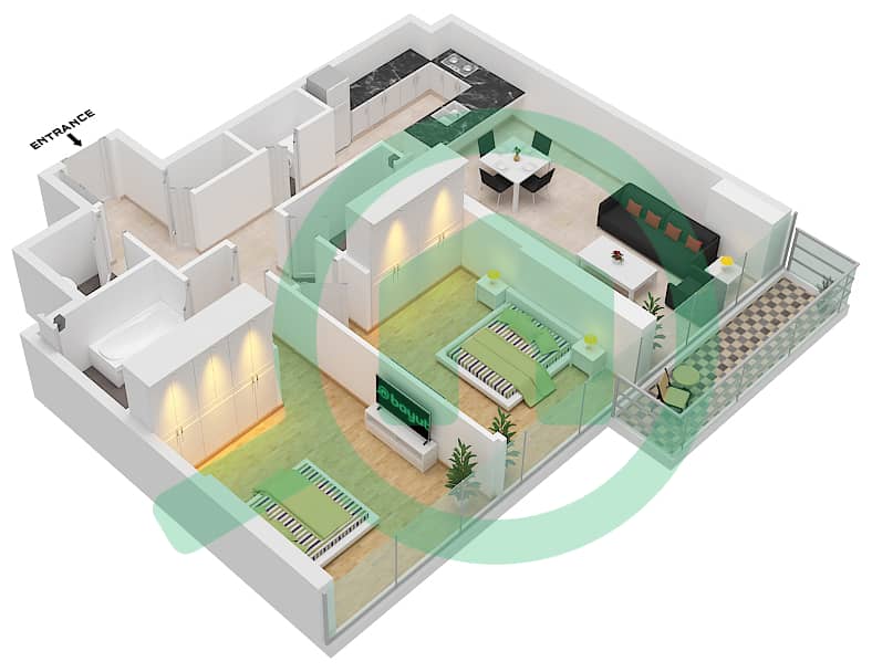 1 Residences - 2 Bedroom Apartment Type N-1 Floor plan interactive3D