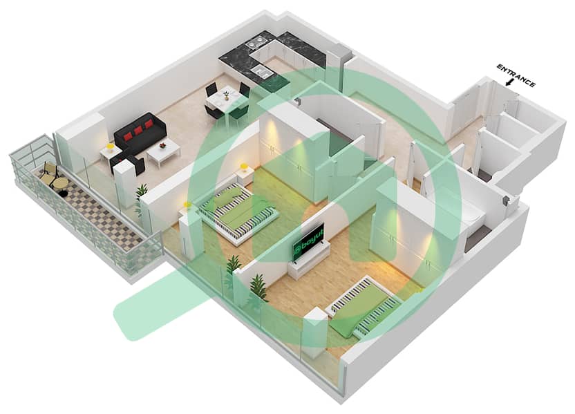 1 Residences - 2 Bedroom Apartment Type P-1 Floor plan interactive3D