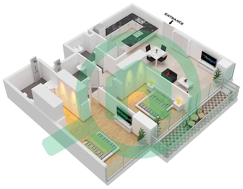 1 Residences - 2 Bedroom Apartment Type Q-1 Floor plan interactive3D