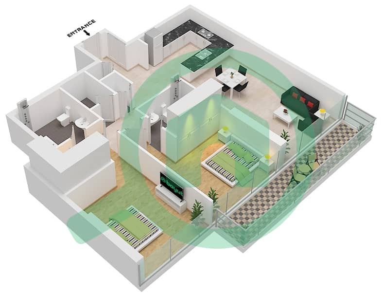 1 Residences - 2 Bedroom Apartment Type R-1 Floor plan interactive3D