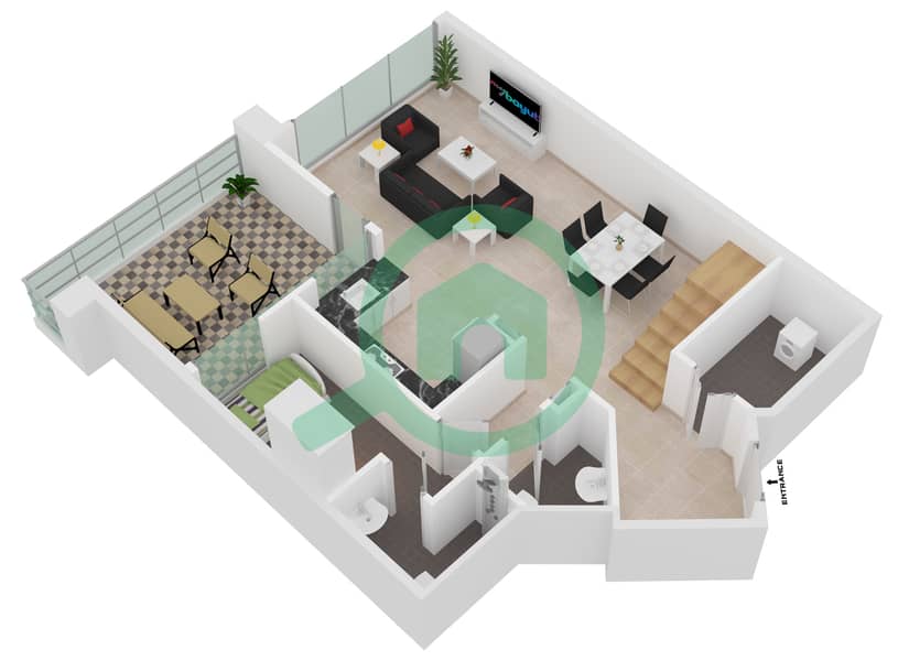 迪拜SLS酒店公寓 - 2 卧室公寓类型A.戶型图 Lower Floor interactive3D
