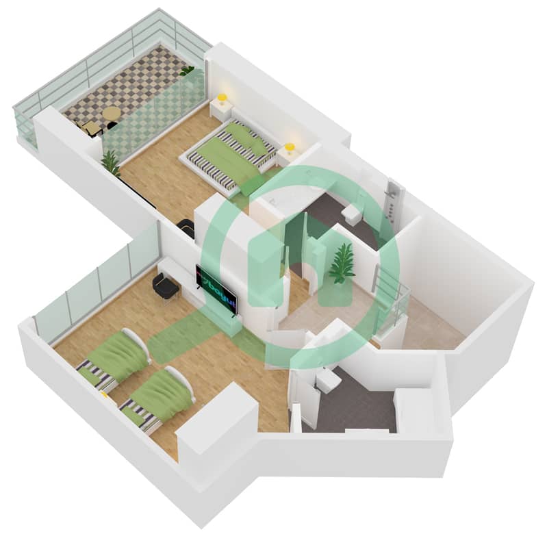 迪拜SLS酒店公寓 - 2 卧室公寓类型A.戶型图 Upper Floor interactive3D