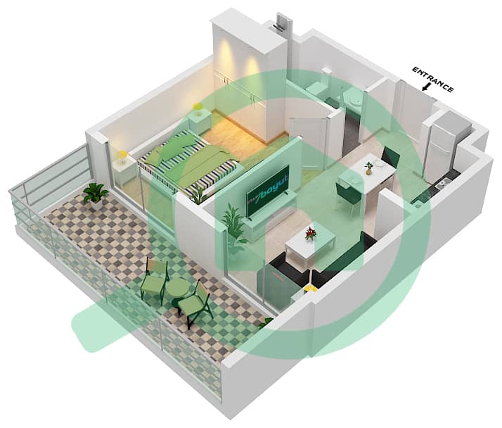 المخططات الطابقية لتصميم النموذج 1 شقة 1 غرفة نوم - زادا ريزيدنس interactive3D