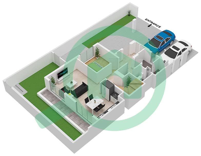 المخططات الطابقية لتصميم النموذج A فیلا 4 غرف نوم - فلل اكسبو جولف 2 (باركسايد 2) Ground Floor interactive3D