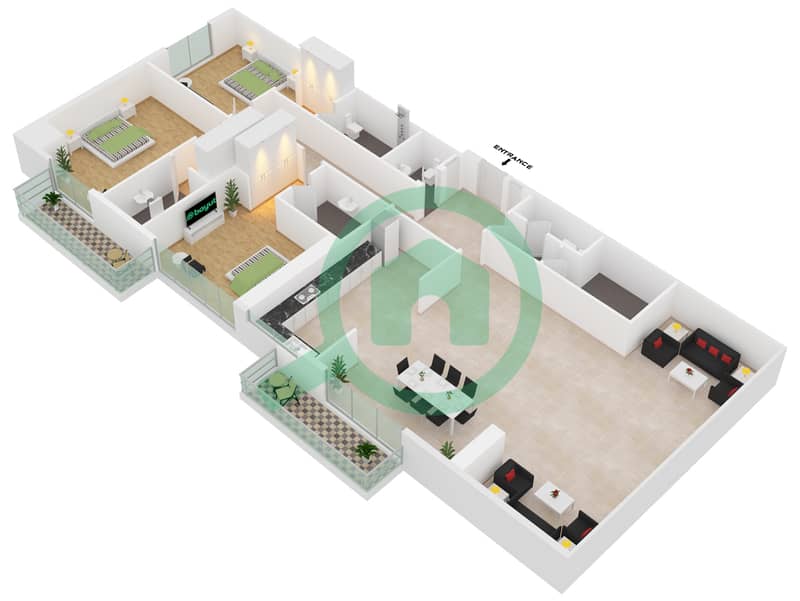 Марина Аркейд Тауэр - Апартамент 3 Cпальни планировка Единица измерения 3701 Floor 37 interactive3D