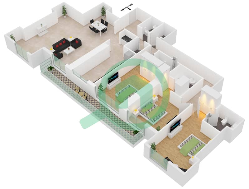 Марина Аркейд Тауэр - Апартамент 3 Cпальни планировка Единица измерения 4305 Floor 43 interactive3D