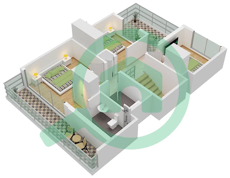 المخططات الطابقية لتصميم النموذج A فیلا 4 غرف نوم - فلل اكسبو جولف 2 (باركسايد 2) First Floor interactive3D