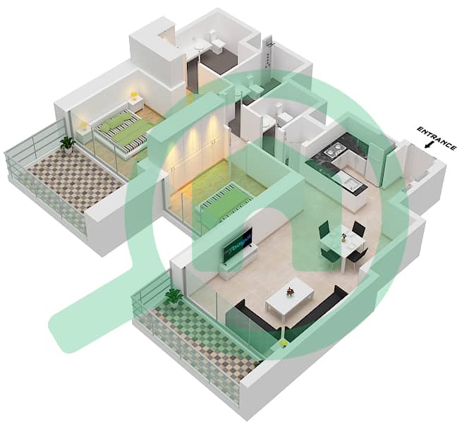 المخططات الطابقية لتصميم النموذج A شقة 2 غرفة نوم - داون تاون فيوز 2 برج 1 interactive3D