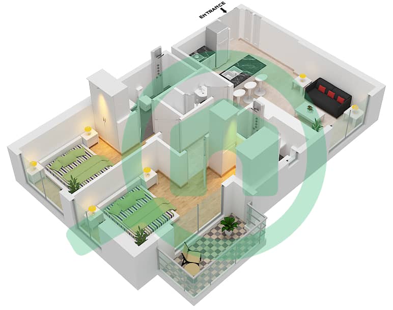 المخططات الطابقية لتصميم النموذج B شقة 2 غرفة نوم - ذا بورتمان interactive3D