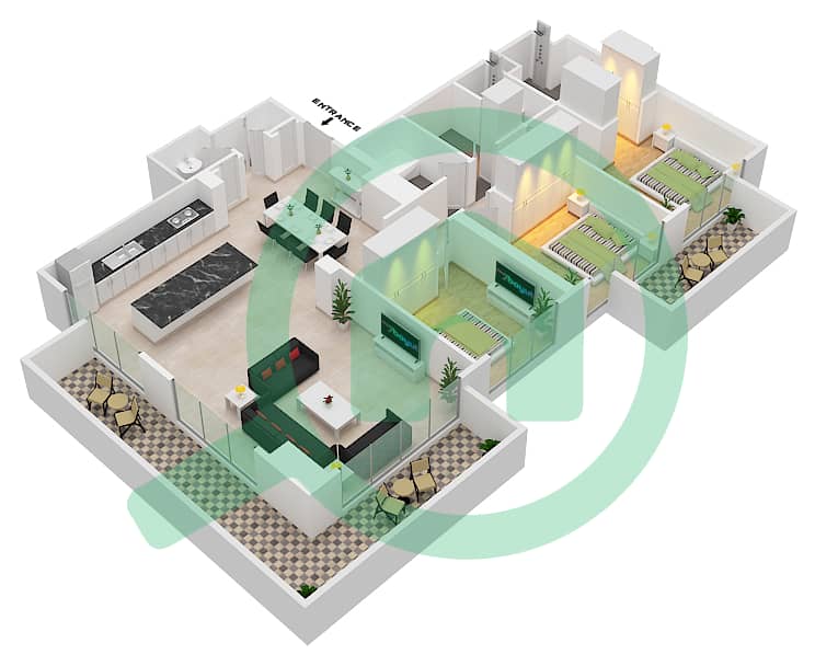 المخططات الطابقية لتصميم النموذج / الوحدة 2-2 شقة 3 غرف نوم - برج قصر الشاطئ 2 interactive3D