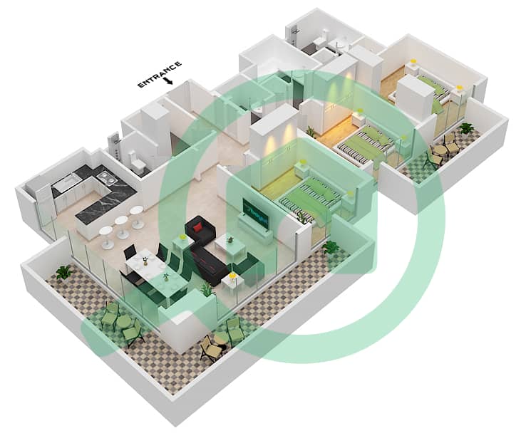 المخططات الطابقية لتصميم النموذج / الوحدة 3-1 شقة 3 غرف نوم - برج قصر الشاطئ 2 interactive3D