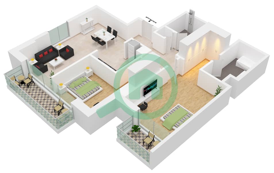 المخططات الطابقية لتصميم الوحدة 1-FLOOR-6-15 شقة 2 غرفة نوم - آكت ون | آكت تو interactive3D