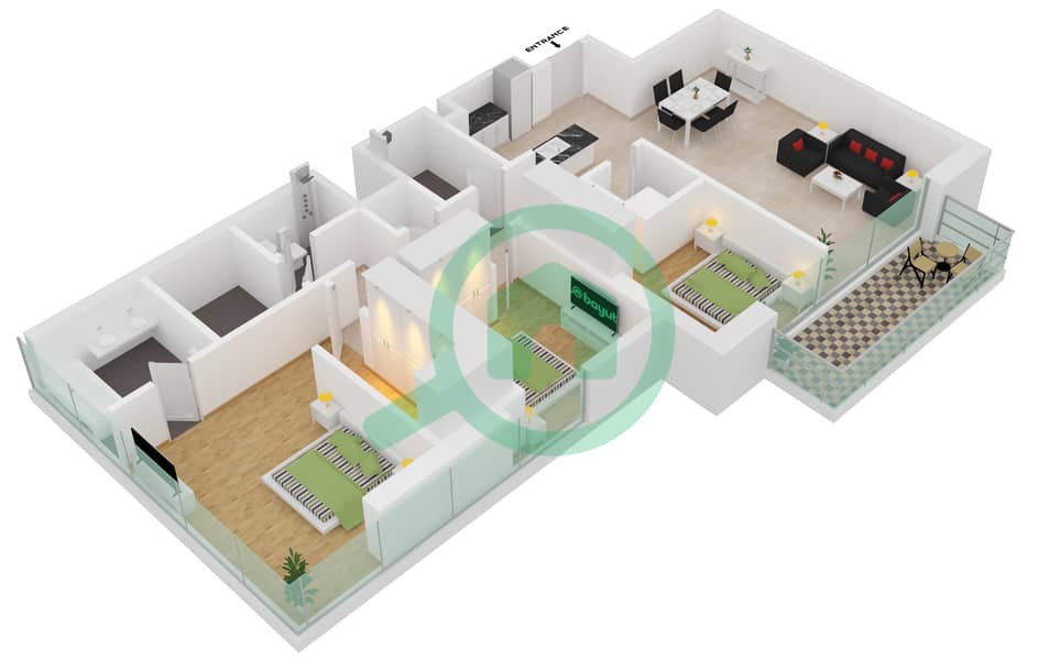 المخططات الطابقية لتصميم الوحدة 8-FLOOR 16,27,29,38 شقة 3 غرف نوم - آكت ون | آكت تو interactive3D