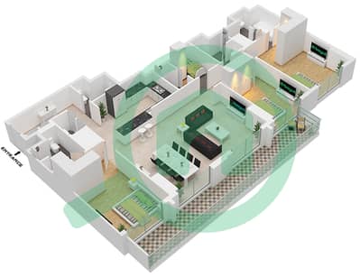 المخططات الطابقية لتصميم النموذج / الوحدة 3B.C/2 شقة 3 غرف نوم - فيدا دبي مول