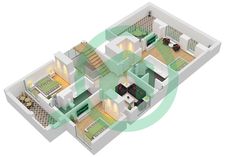 المخططات الطابقية لتصميم النموذج E3M-2 فيلا تجارية 4 غرف نوم - كايا 1 First Floor interactive3D