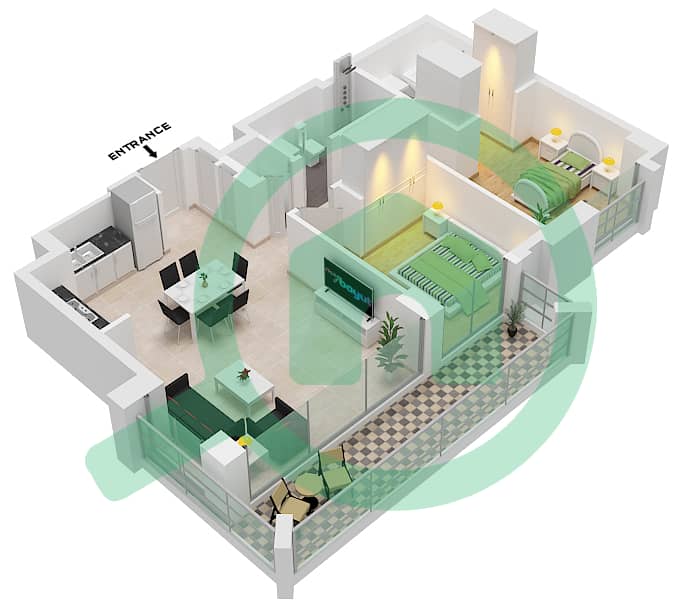 المخططات الطابقية لتصميم الوحدة 07 FLOOR-2-11 شقة 2 غرفة نوم - لوتس Building 2 interactive3D