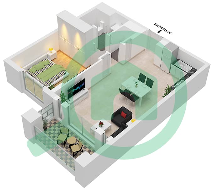 المخططات الطابقية لتصميم النموذج A شقة 1 غرفة نوم - بناية رحال 1 interactive3D