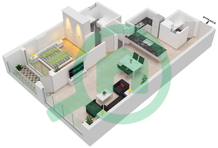 المخططات الطابقية لتصميم الوحدة 408 شقة 1 غرفة نوم - بارك ون interactive3D