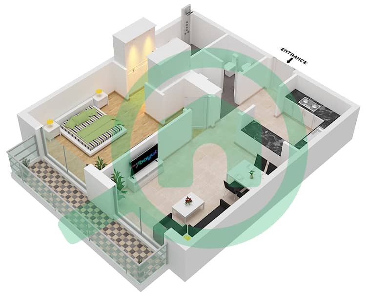 المخططات الطابقية لتصميم النموذج / الوحدة A/202 شقة 1 غرفة نوم - أكسفورد ريزيدنس Floor 2nd interactive3D