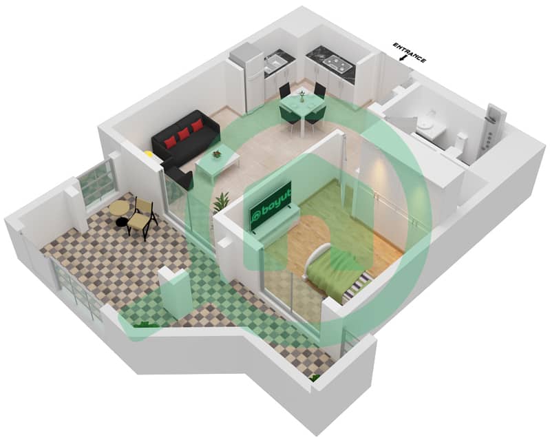 莲花公寓 - 1 卧室公寓单位101-FLOOR 1戶型图 interactive3D