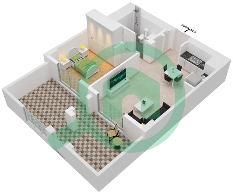 Лотус - Апартамент 1 Спальня планировка Единица измерения 103-FLOOR 1 interactive3D