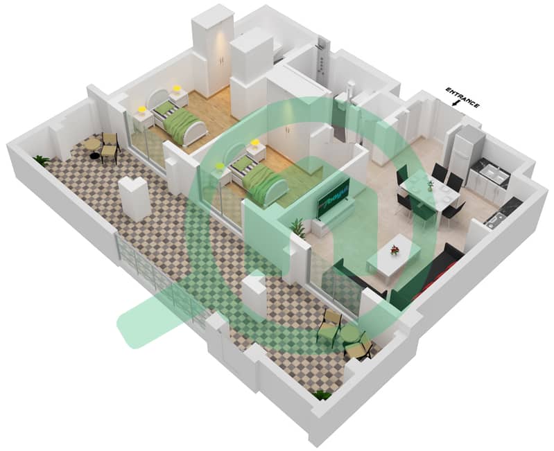 المخططات الطابقية لتصميم الوحدة 105-FLOOR 1 شقة 2 غرفة نوم - لوتس interactive3D