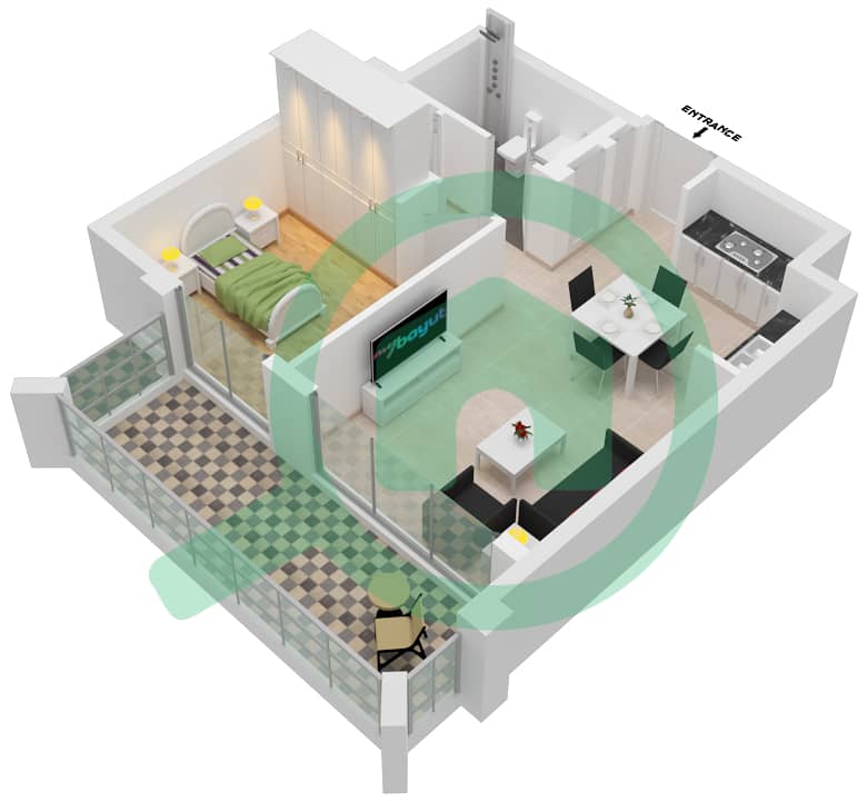 المخططات الطابقية لتصميم الوحدة 1-FLOOR 2-11 شقة 1 غرفة نوم - لوتس interactive3D