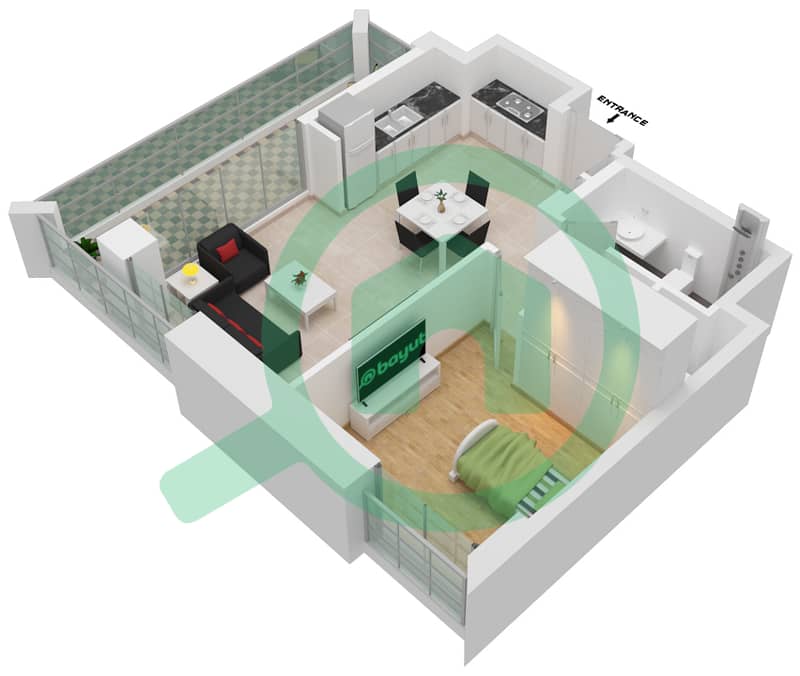 莲花公寓 - 1 卧室公寓单位3-FLOOR 2-11戶型图 interactive3D
