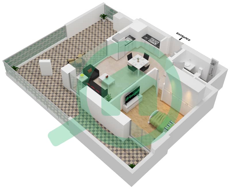 莲花公寓 - 1 卧室公寓单位103-FLOOR 01戶型图 interactive3D