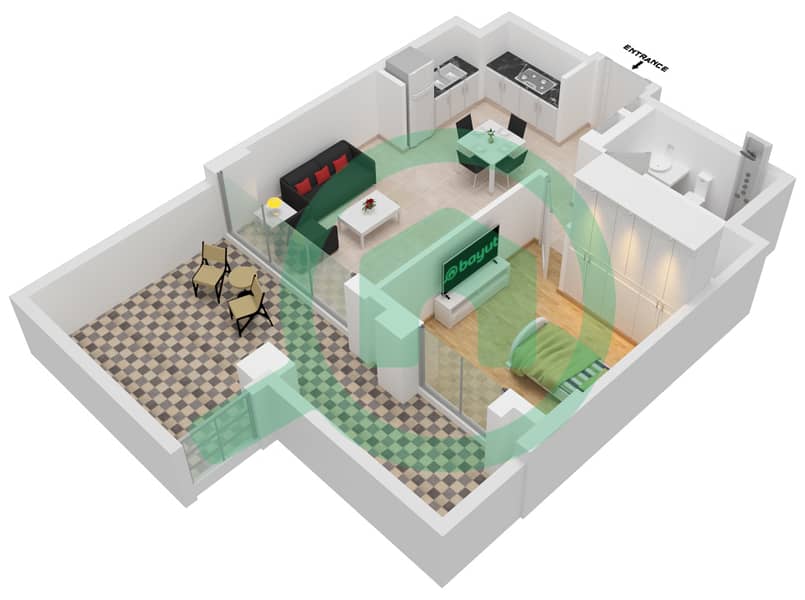 莲花公寓 - 1 卧室公寓单位105-FLOOR 01戶型图 interactive3D
