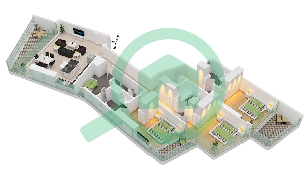 المخططات الطابقية لتصميم النموذج / الوحدة 1-1 شقة 3 غرف نوم - ليف لوكس interactive3D