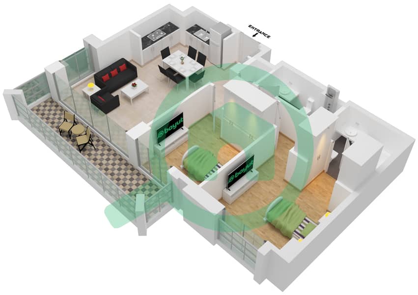 المخططات الطابقية لتصميم الوحدة 7-FLOOR 2-11 شقة 2 غرفة نوم - لوتس interactive3D