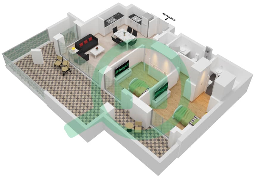 莲花公寓 - 2 卧室公寓单位107-FLOOR 1戶型图 interactive3D