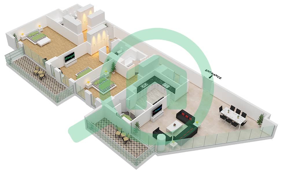 المخططات الطابقية لتصميم النموذج 3A شقة 3 غرف نوم - ليلاك interactive3D