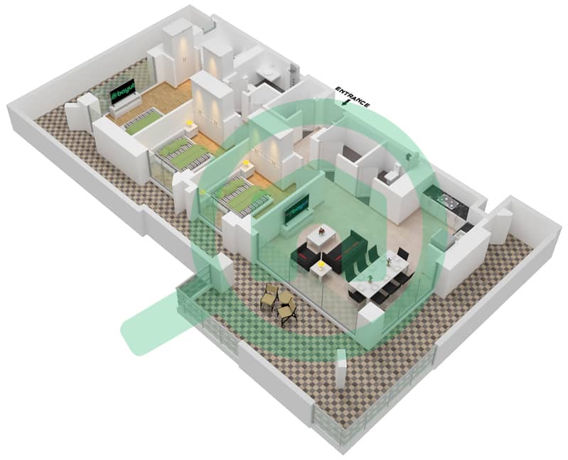 Лотус - Апартамент 3 Cпальни планировка Единица измерения 108-FLOOR 1 interactive3D