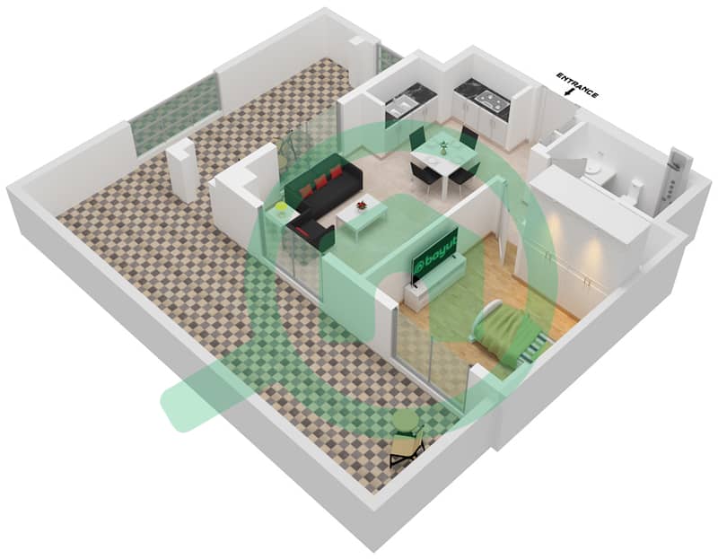莲花公寓 - 1 卧室公寓单位101-FLOOR-1戶型图 interactive3D