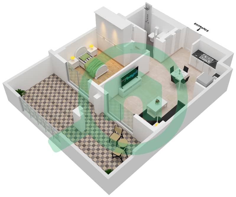 المخططات الطابقية لتصميم الوحدة 102-FLOOR-1 شقة 1 غرفة نوم - لوتس interactive3D