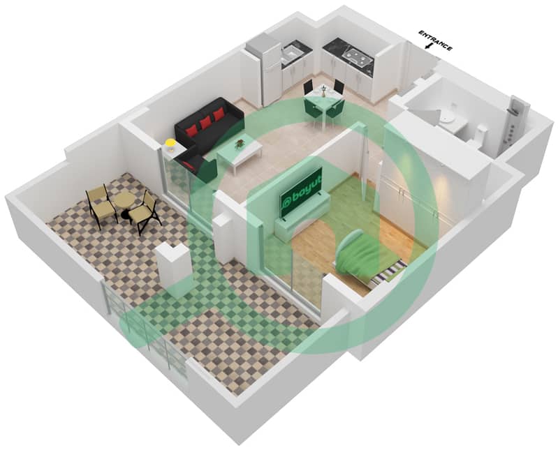 莲花公寓 - 1 卧室公寓单位103-FLOOR -1戶型图 interactive3D