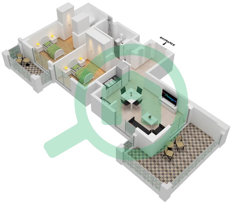 Лотус - Апартамент 2 Cпальни планировка Единица измерения 6-FLOOR 2-10 interactive3D